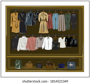 Capsule basic wardrobe for a woman. Minimalism. Fashion. Big cupboard. Wardrobe with a set of clothes on hangers and bags. Isolated vector objects.