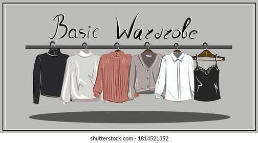 Vestuario básico para una mujer. Minimalismo. Moda. Gran armario. Armario con un juego de ropa en perchas y bolsas. Objetos vectoriales aislados.