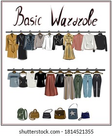 Capsule basic wardrobe for a woman. Minimalism. Fashion. Big cupboard. Wardrobe with a set of clothes on hangers and bags. Isolated vector objects.