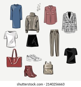 Capsule basic wardrobe for a woman. Minimalism. Fashion. Big cupboard. Wardrobe with a set of clothes on hangers and bags. Isolated vector objects.