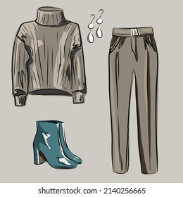 Vestuario básico para una mujer. Minimalismo. Moda. Gran armario. Armario con un juego de ropa en perchas y bolsas. Objetos vectoriales aislados.