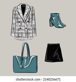Capsule basic wardrobe for a woman. Minimalism. Fashion. Big cupboard. Wardrobe with a set of clothes on hangers and bags. Isolated vector objects.