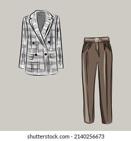Capsule basic wardrobe for a woman. Minimalism. Fashion. Big cupboard. Wardrobe with a set of clothes on hangers and bags. Isolated vector objects.