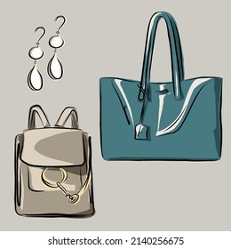 Capsule basic wardrobe for a woman. Minimalism. Fashion. Big cupboard. Wardrobe with a set of clothes on hangers and bags. Isolated vector objects.
