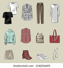 Capsule basic wardrobe for a woman. Minimalism. Fashion. Big cupboard. Wardrobe with a set of clothes on hangers and bags. Isolated vector objects.