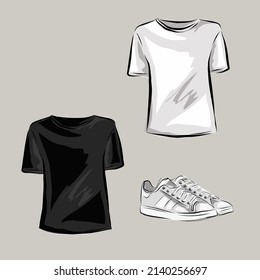Vestuario básico para una mujer. Minimalismo. Moda. Gran armario. Armario con un juego de ropa en perchas y bolsas. Objetos vectoriales aislados.