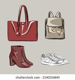 Capsule basic wardrobe for a woman. Minimalism. Fashion. Big cupboard. Wardrobe with a set of clothes on hangers and bags. Isolated vector objects.