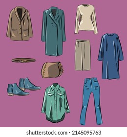 Kapselschrank für eine Frau. Minimalismus. Mode. Großer Schrank. Garderobe mit einer Reihe von Kleidung auf Hängern und Taschen. Isolierte Vektorobjekte.