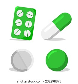 Capsule, blister with pills, pill and soft capsule in green. Vector illustration
