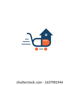 Capsule cart and home icon logo. Medicine home delivery service logo concept.