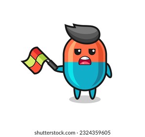 capsule cartoon as the line judge hold the flag up at a 45 degree angle , cute style design for t shirt, sticker, logo element