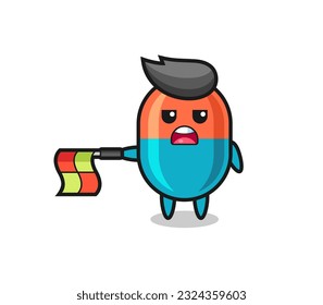 capsule character as line judge hold the flag straight horizontally , cute style design for t shirt, sticker, logo element