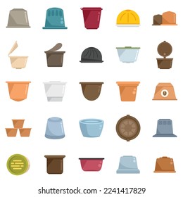 Capsule coffee icons set flat vector. Aroma pod. Strong coffee isolated