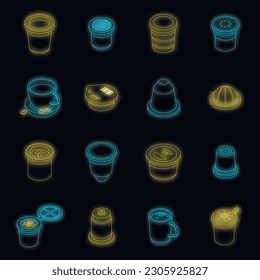 Capsule coffee icons set. Isometric set of capsule coffee vector icons neon color on black