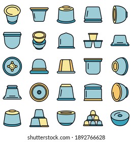 Capsule coffee icons set. Outline set of capsule coffee vector icons thin line color flat on white