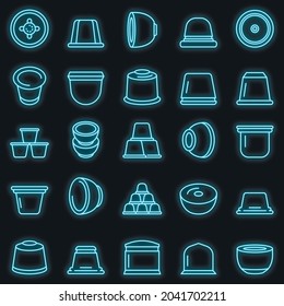 Capsule coffee icons set. Outline set of capsule coffee vector icons neon color on black