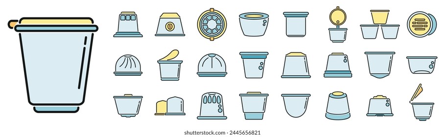 Capsule coffee icons set outline vector. Aroma pod. Strong coffee thin line color flat on white