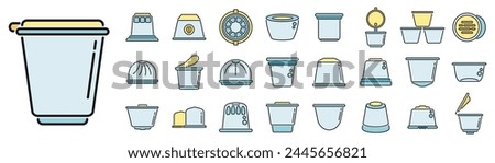 Capsule coffee icons set outline vector. Aroma pod. Strong coffee thin line color flat on white