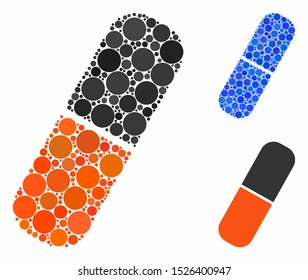 Capsule composition for capsule icon of round dots in different sizes and color tones. Vector round elements are grouped into blue composition. Dotted capsule icon in usual and blue versions.