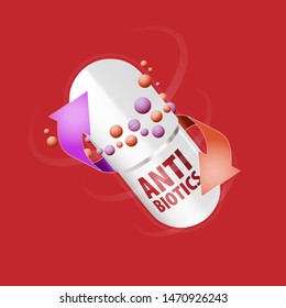 Capsule with content of antibiotic or probiotic powder with arrows around the capsule indicating the effectiveness of the drug
