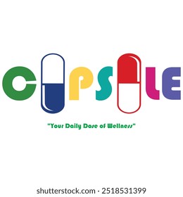 "CÁPSULA" creativamente con Formas de cápsula integradas en las letras. Cada letra es de un color diferente, lo que le da al logotipo una sensación vibrante y orientada a la salud.