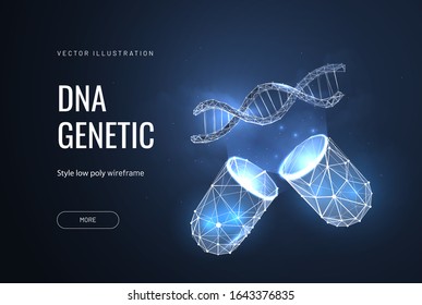 Capsule and DNA. Low poly wireframe style. The effect of drugs on dna. Technology gene therapy and innovation in genetic engineering. Polygonal abstract isolated on dark blue background. Vector