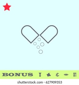 Capsule drug icon flat. Grey pictogram on blue background. Vector illustration symbol and bonus buttons medal, cow, earth, eye, calculator