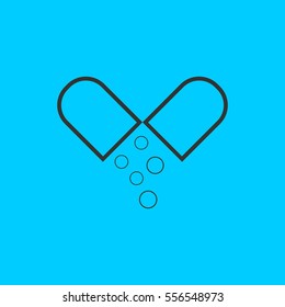 Capsule drug icon flat. Simple vector black pictogram on blue background