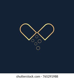Capsule drug icon flat. Simple gold pictogram on dark background. Vector illustration symbol