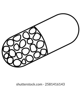 Capsule. Elongated pill with round granules inside. Sketch. Cylindrical medicine in a gelatin shell. Vector illustration. Two-part tablet. Outline on an isolated white background. Doodle style. 