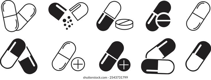 Conjunto de iconos de píldora de glifo de cápsula. Medicamento drogas píldoras cápsula icono negro Ilustración vectorial Medicamento y símbolos farmacéuticos. Pictograma médico de la cápsula aislado en fondo transparente.