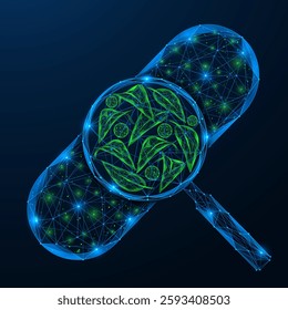 A capsule with herbal ingredients under a magnifying glass. Polygonal design of interconnected elements. Blue background.