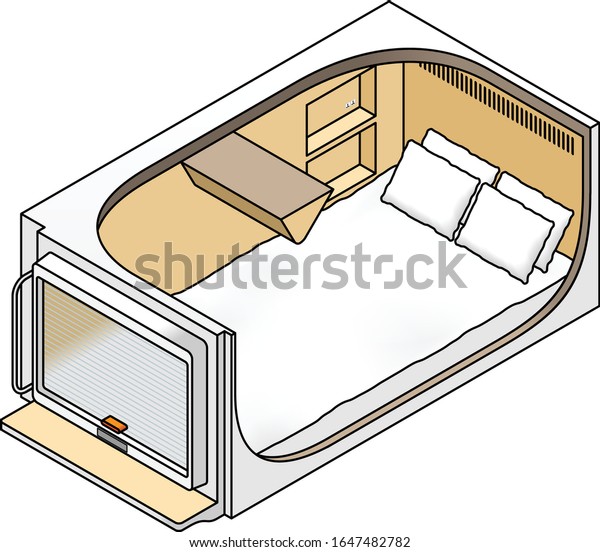 A\
capsule hotel capsule cut open to show the\
interior.