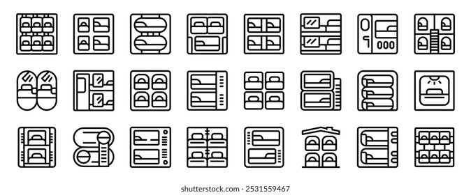 Capsule hotel icons set. Capsule hotel icons set in line style, showing compact sleeping pods for budget travelers