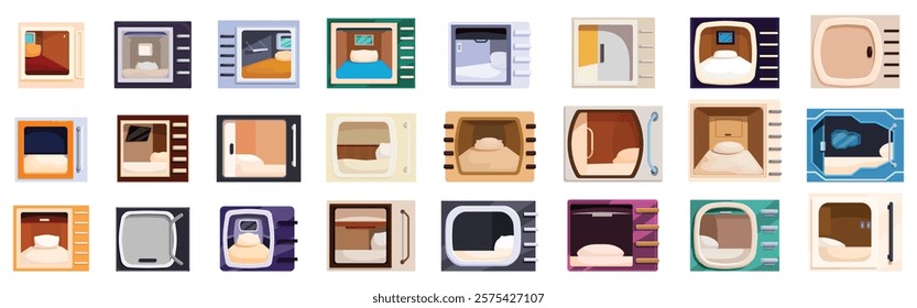 Capsule hotel icons set. Capsule hotel icons represent compact sleeping pods, offering a unique and space saving accommodation solution for travelers seeking a comfortable and affordable stay