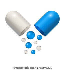 Capsule icon 3d realistic, blue pill isolated on white background. Colored small balls falling of open medical capsule. Vector illustration
