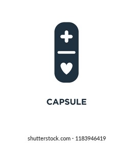 Capsule icon. Black filled vector illustration. Capsule symbol on white background. Can be used in web and mobile.