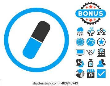 Capsule icon with bonus symbols. Vector illustration style is flat iconic bicolor symbols, blue and gray colors, white background.