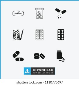 Capsule icon. collection of 9 capsule filled and outline icons such as pill, paints, tablet, medicine. editable capsule icons for web and mobile.