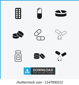 Capsule icon. collection of 9 capsule filled and outline icons such as tablet, pill. editable capsule icons for web and mobile.