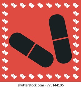 Capsule icon flat. Simple black pictogram on red background with white hearts for valentines day. Vector illustration symbol