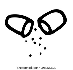 the capsule icon is open with granules. a doodle-style icon, an open long pill with dots of medicine, an isolated black outline on white. Line art icon with doodle capsule tablet for healthcare 