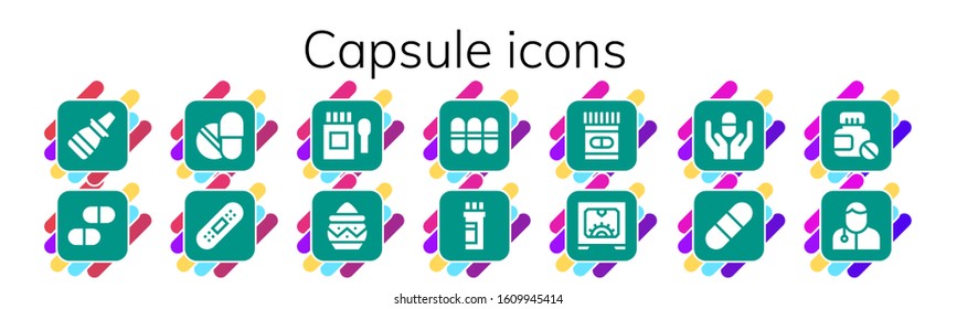 capsule icon set. 14 filled capsule icons.  Simple modern icons such as: Nasal spray, Pills, Bandage, Medicine, Powder, d, Pill, Veterinarian