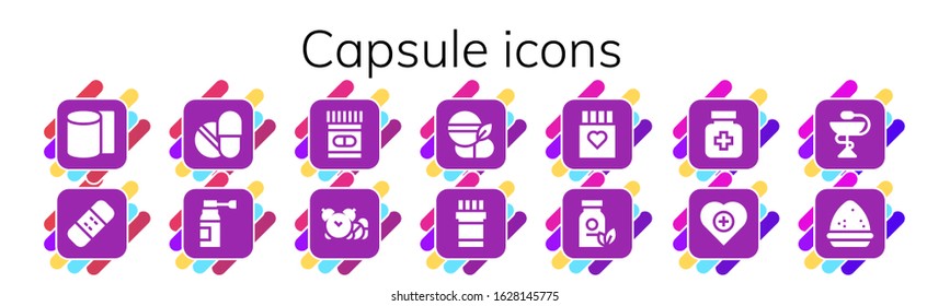 capsule icon set. 14 filled capsule icons.  Simple modern icons such as: Bandages, Bandage, Pills, Medicine, Drug, Drugs, Health, Pharmacy, Powder