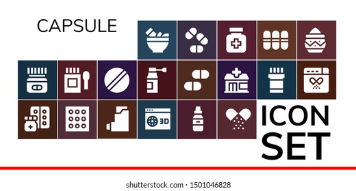 capsule icon set. 19 filled capsule icons.  Simple modern icons about  - Mortar, Medicine, Drugs, Inhalator, d, Pill, Pills, Pharmacy, Drug, Powder