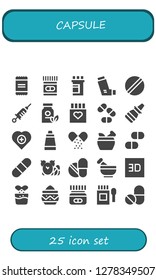  capsule icon set. 25 filled capsule icons. Simple modern icons about  - Powder, Medicine, Inhaler, Pill, Vaccine, Drug, Pills, Nasal spray, Health, Ointment, Mortar, d, Effervescent