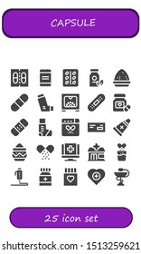 capsule icon set. 25 filled capsule icons.  Collection Of - Medicine, Powder, Pill, Inhaler, d, Bandage, Pills, Drug, Ointment, Medical, Pharmacy, Effervescent, Health icons