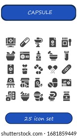 Kapselsymbol eingestellt. 25 gefüllte Kapselsymbole.  Einfache, moderne Symbole wie: Medizin, Pilze, Apotheke, d, Medizin, Mortar, Durchstechflasche, Brausetabletten, Pillen, Bandage, Raumkapsel