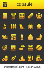 capsule icon set. 26 filled capsule icons.  Simple modern icons about  - Pills, Drug, Powder, Drugs, Bandage, Pill, Medicine, Inhaler, Suppositories, Space capsule, Ointment, Veterinarian