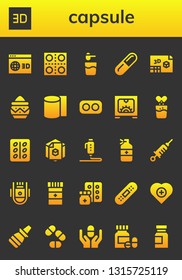 capsule icon set. 26 filled capsule icons.  Simple modern icons about  - d, Pills, Powder, Pill, Bandages, Drugs, Effervescent, Medicine, Vaccine, Space capsule, Bandage, Health